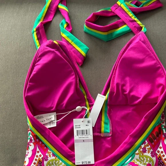 Trina Turk Pink and Green Patterned Swimsuit - Picture 6 of 8